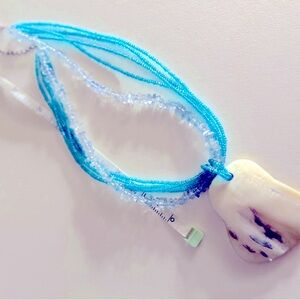 Necklace Aquamarine stone  & Turquoise seed bead 16” mother-of-pearl pendant